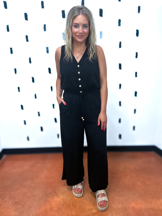 Black Button Up V-Neck Jumpsuit