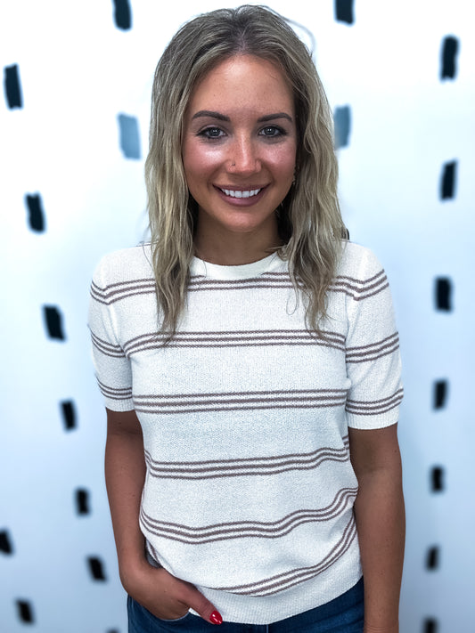 Taupe Striped Short Sleeve Sweater