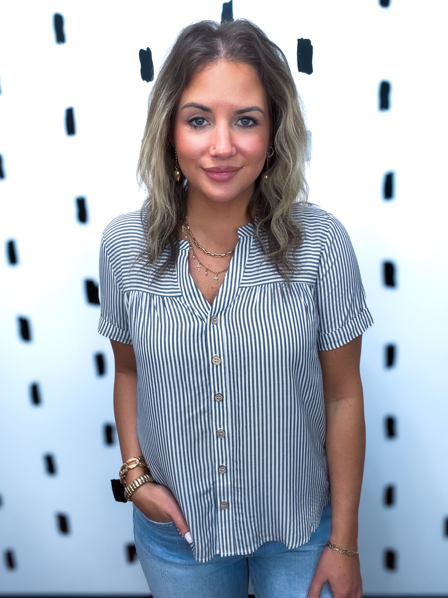Navy Stripe Button Up Short Sleeve Blouse