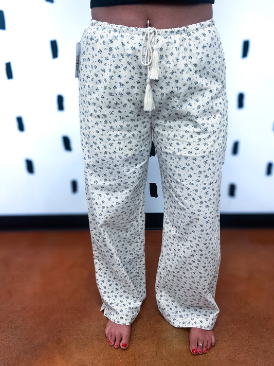 Taupe/Blue Floral Print Drawstring Pants