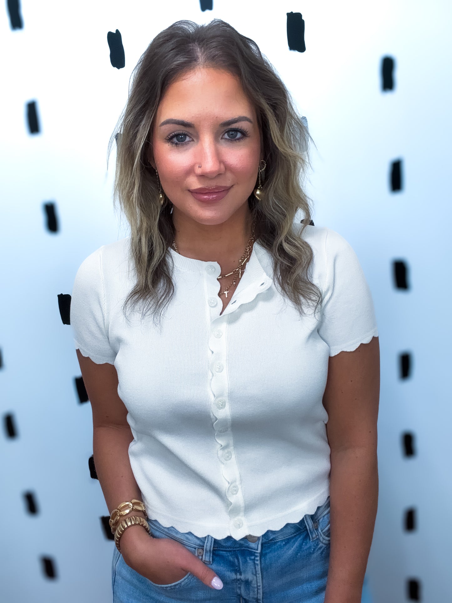 Ivory Scalloped Short Sleeve Button Down Cardigan