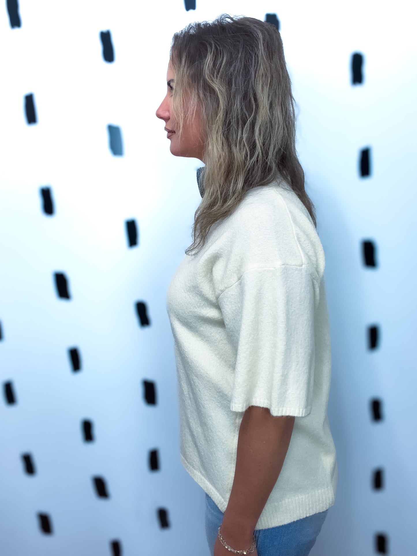 Cream Short Sleeve Knit Sweater