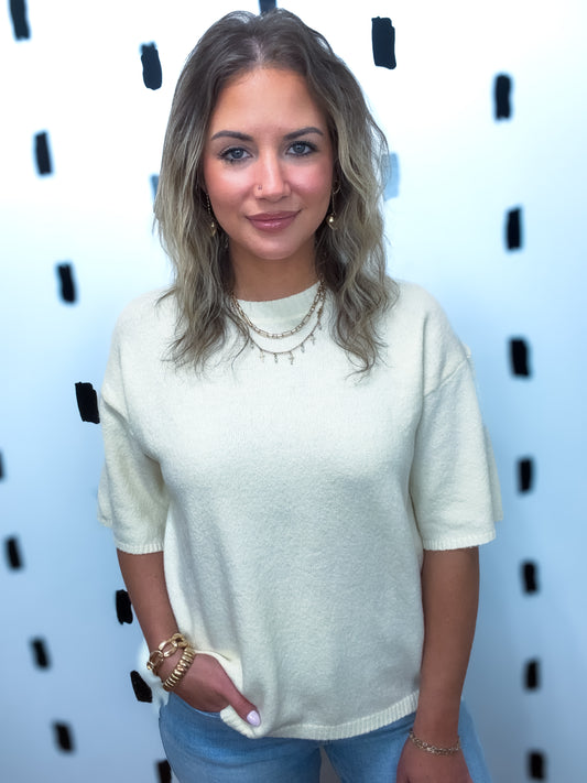 Cream Short Sleeve Knit Sweater