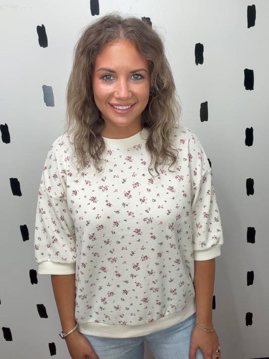 Ivory Floral Short Sleeve Knit Top