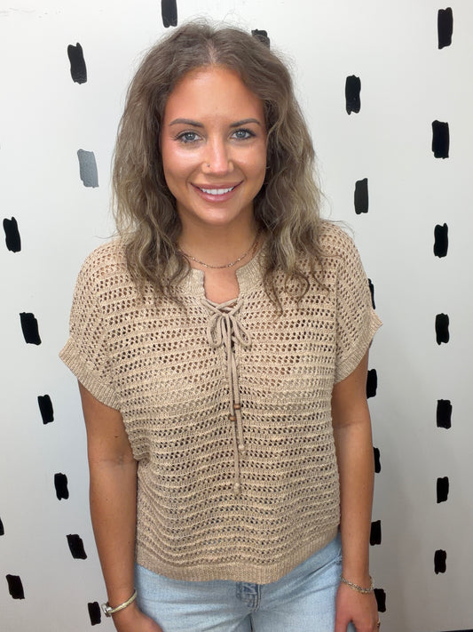 Khaki Lace Up Crochet Short Sleeve Top