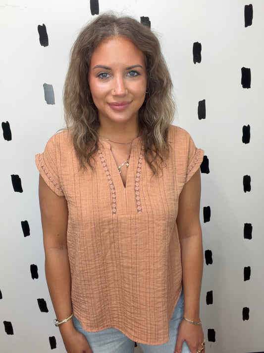 Terracotta Lace Detail Short Sleeve Blouse