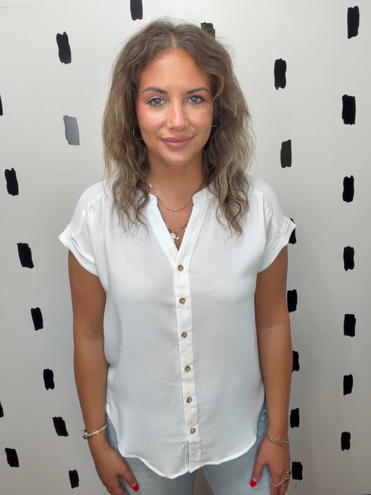 White Cuffed Short Sleeve Button Up Blouse