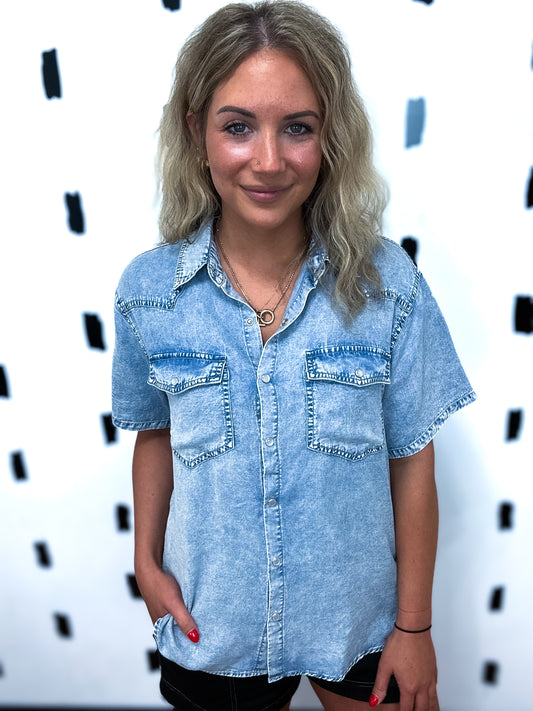 Short Sleeve Denim Button Up Top