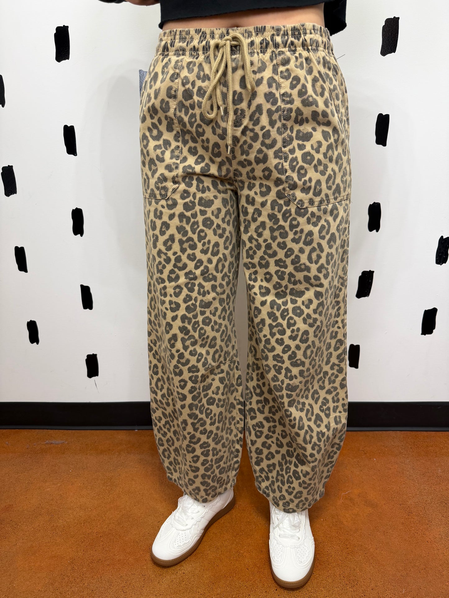 Brown Leopard Drawstring Wide Leg Pants