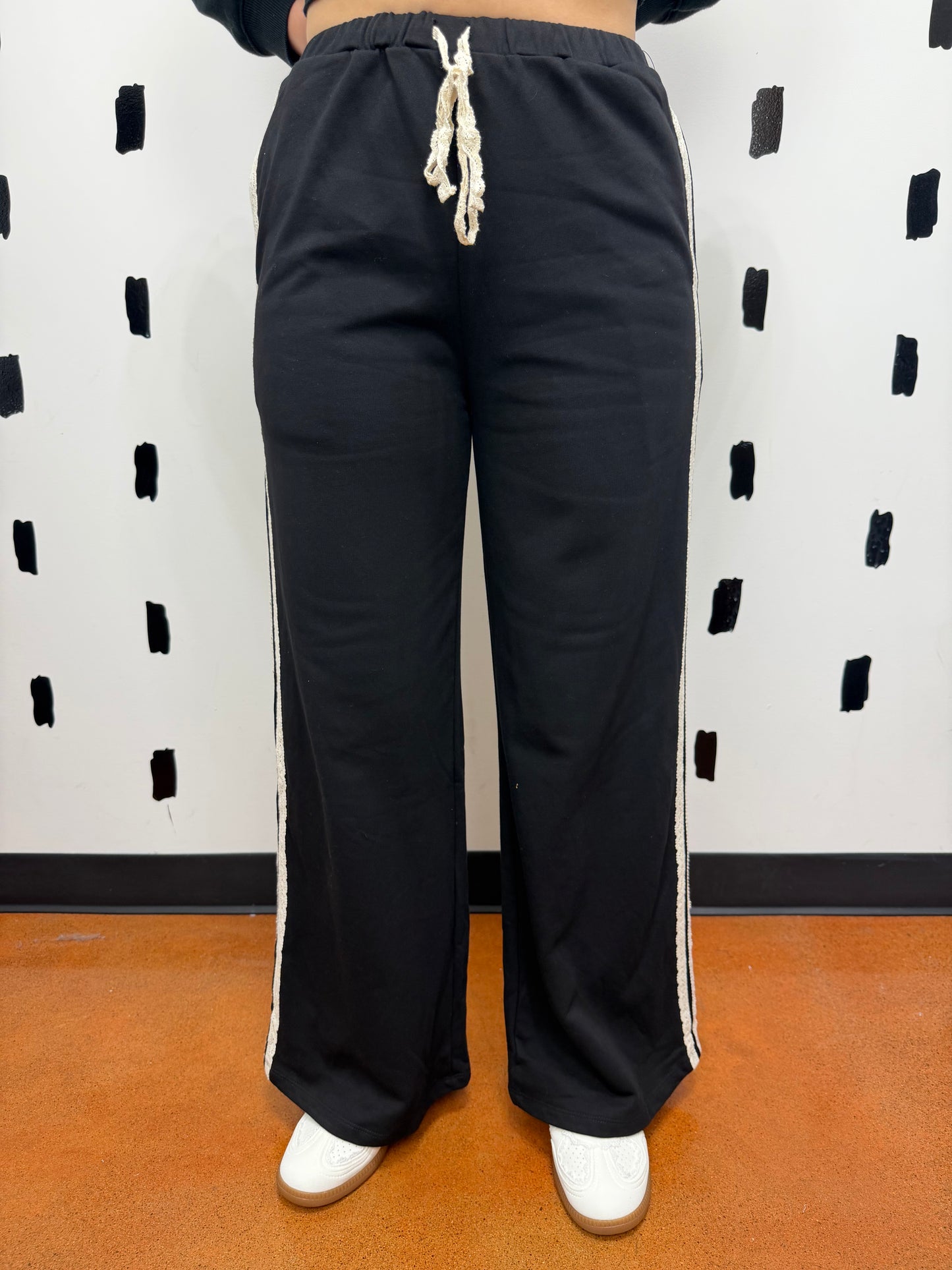 Black Lace Striped Terry Sweatpants