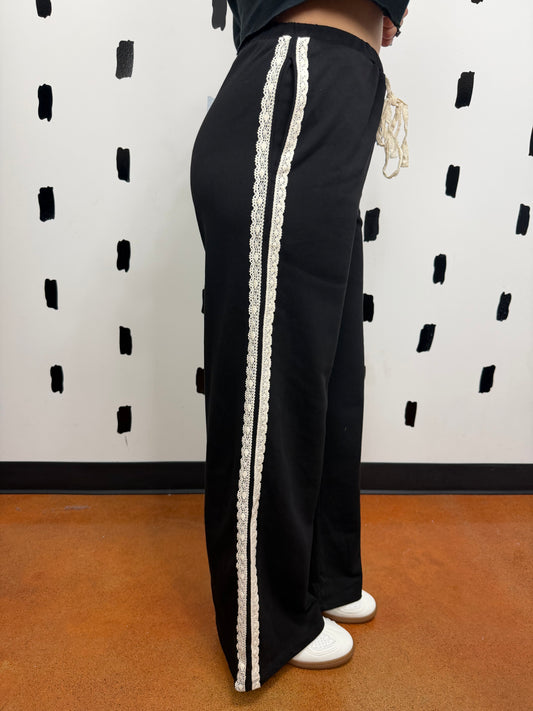 Black Lace Striped Terry Sweatpants