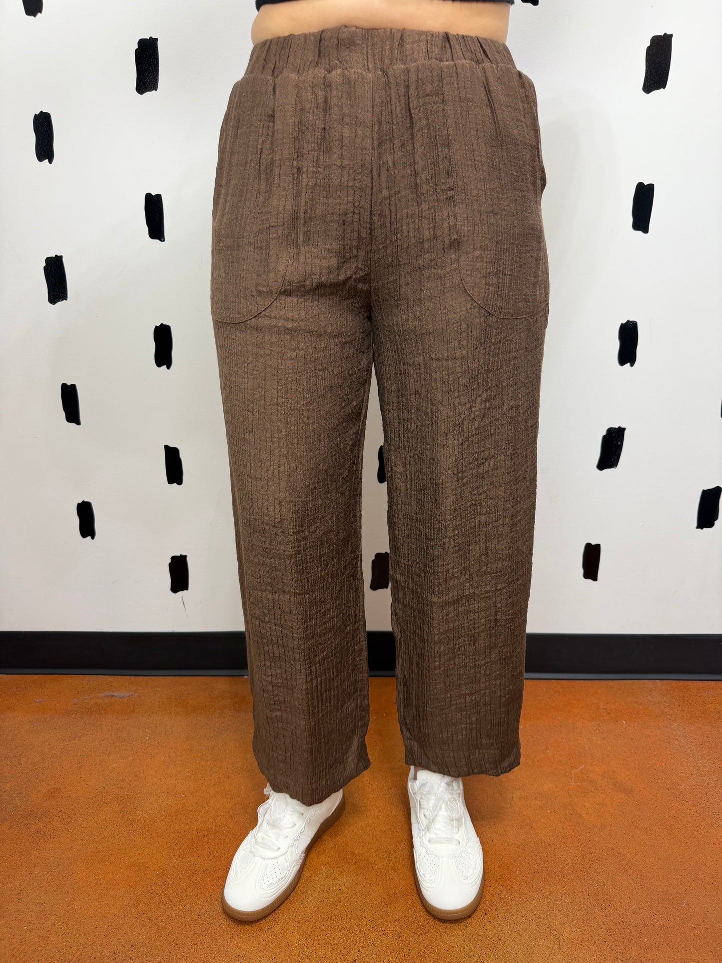 Brown Textured Elastic Waist Pants