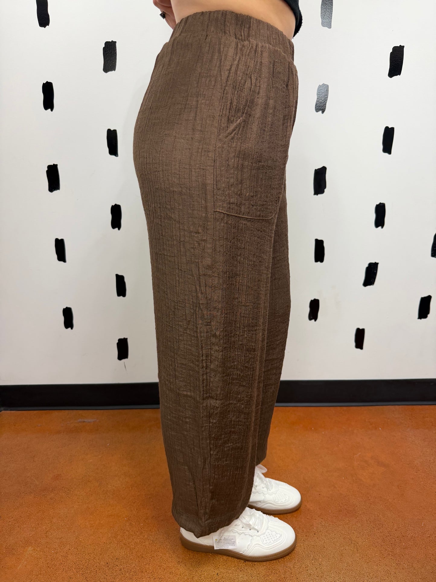 Brown Textured Elastic Waist Pants
