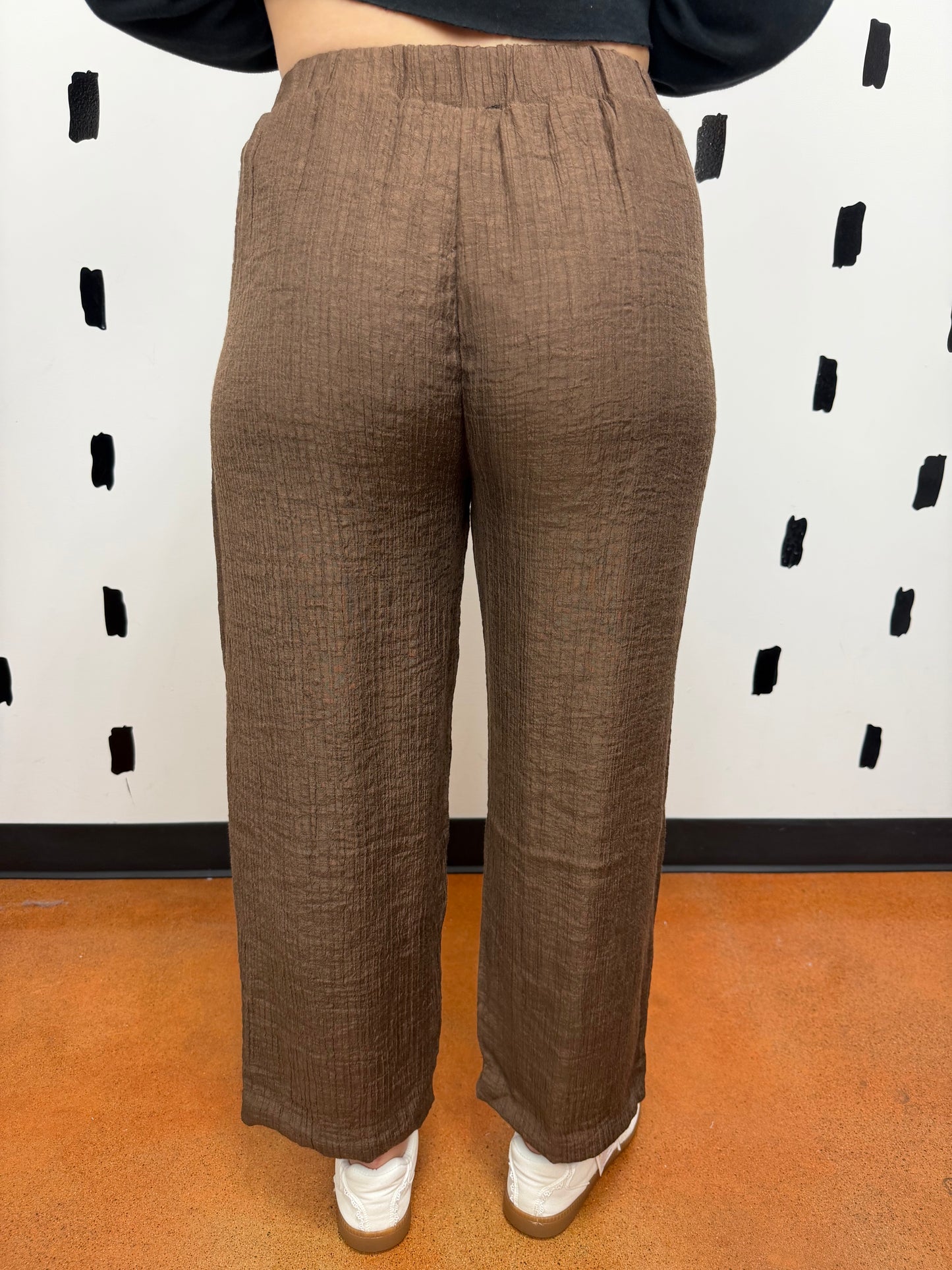 Brown Textured Elastic Waist Pants
