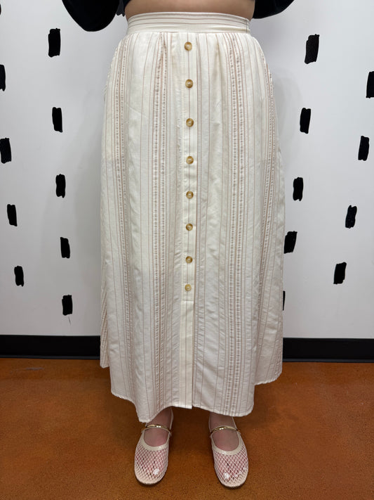 Khaki Stripe Button Midi Skirt
