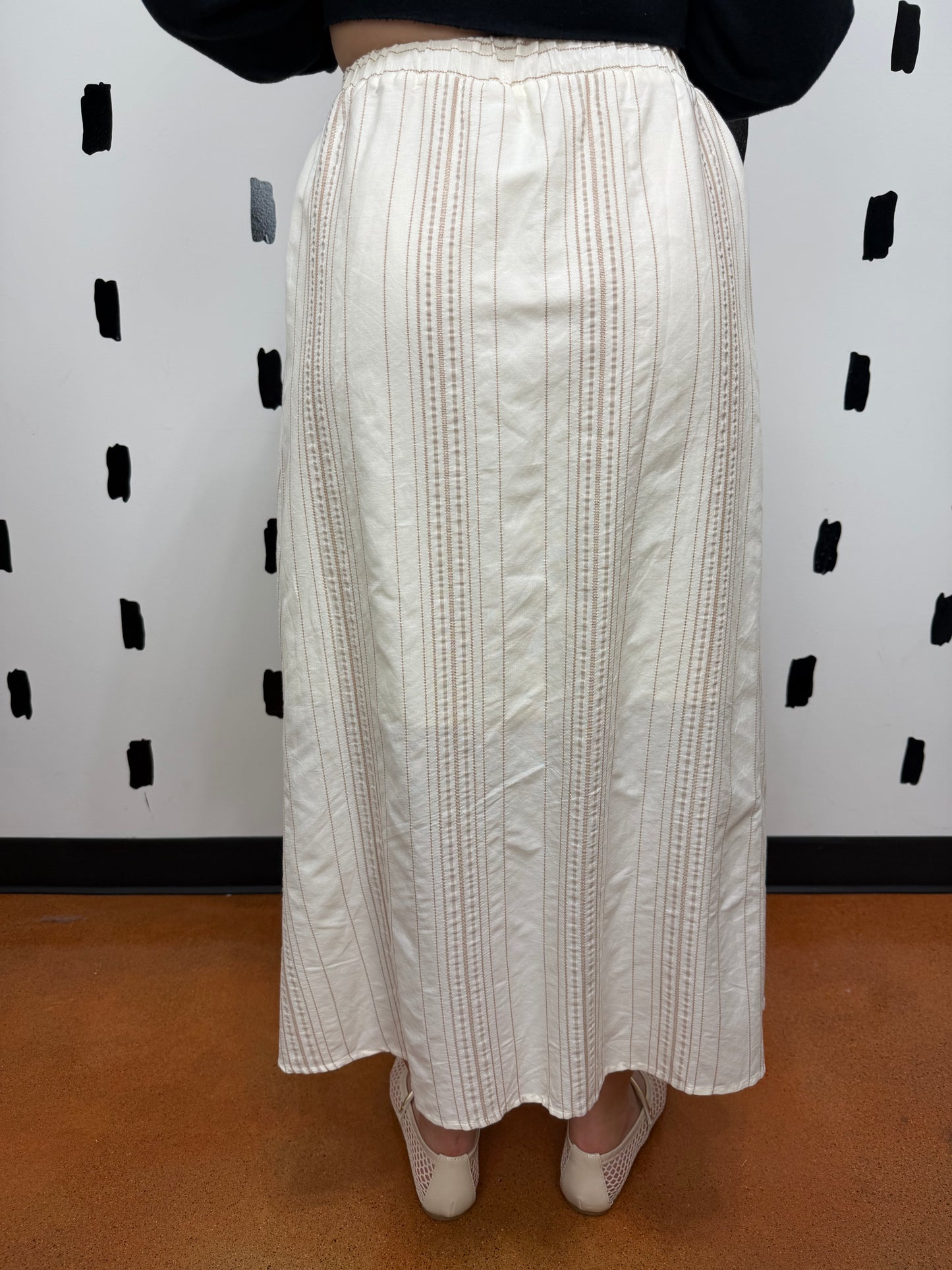 Khaki Stripe Button Midi Skirt