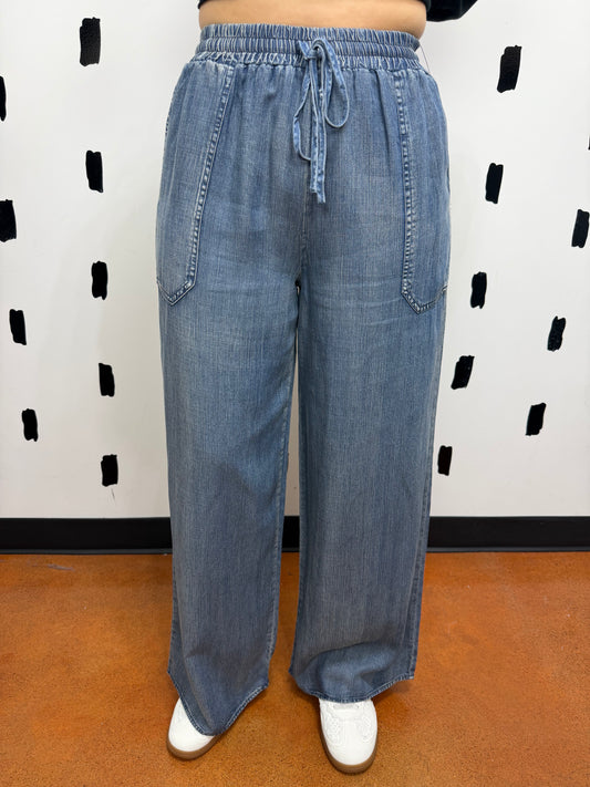 Dark Denim Washed Chambray Wide Leg Pants
