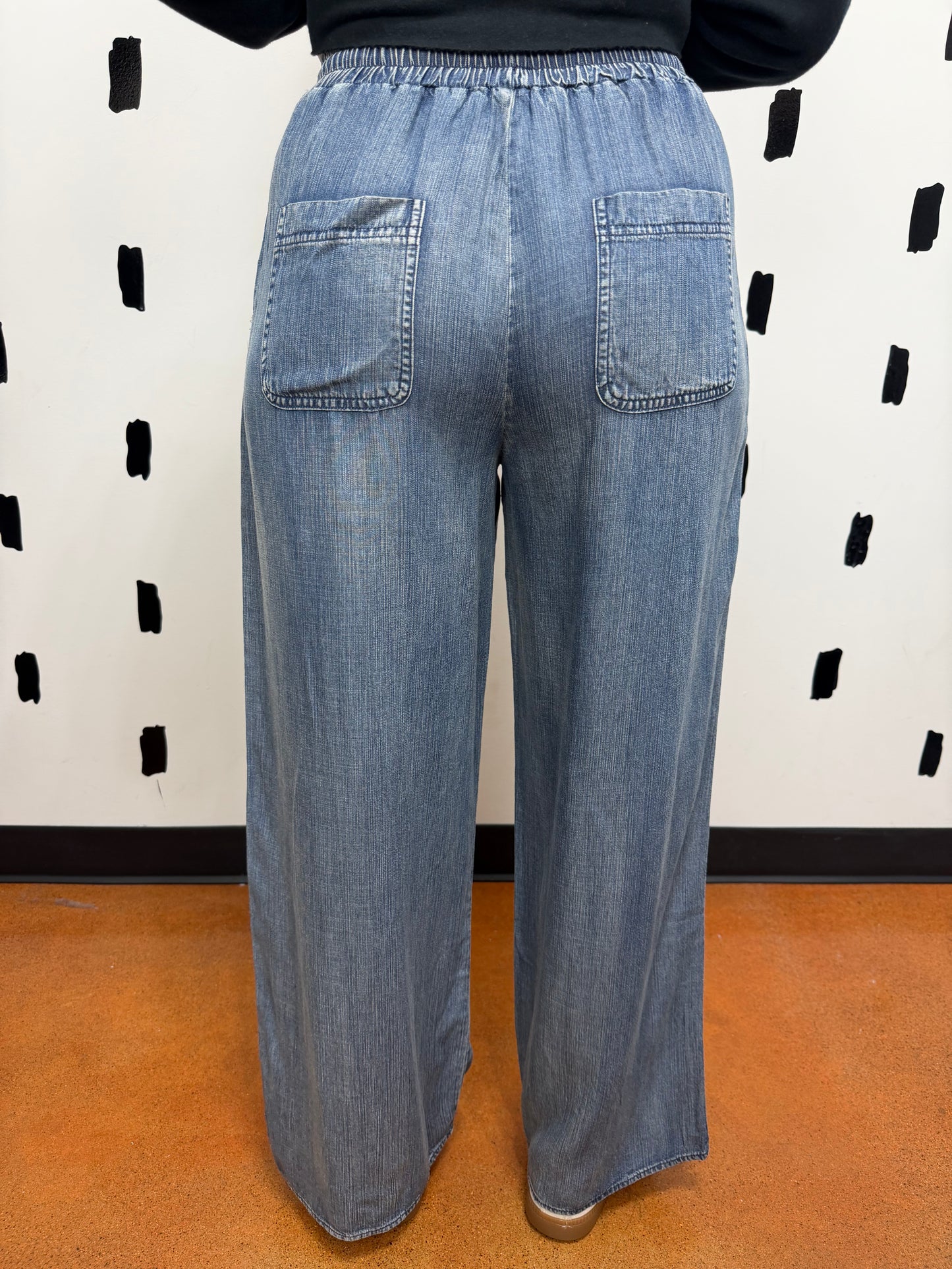 Dark Denim Washed Chambray Wide Leg Pants