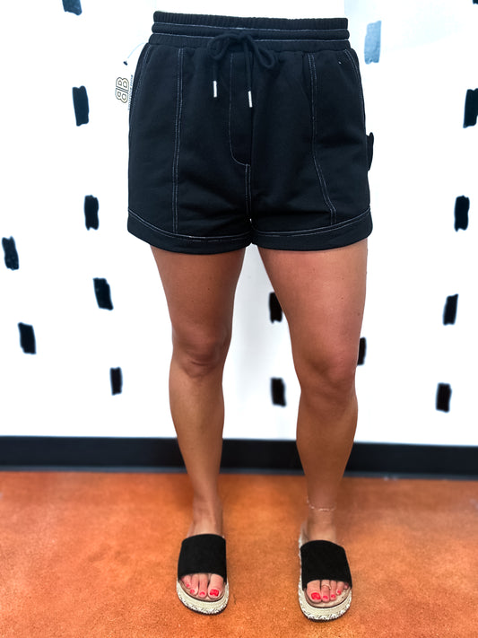 Black French Terry Elastic Waist Shorts