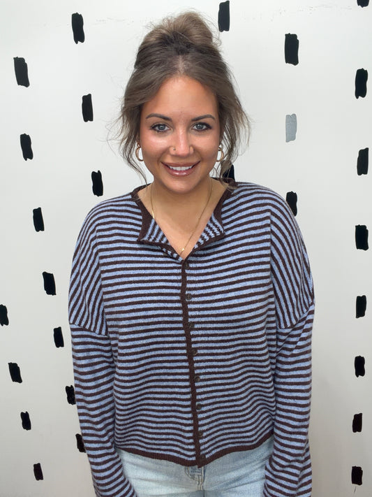 Dark Brown Stripe Button Up Cardigan
