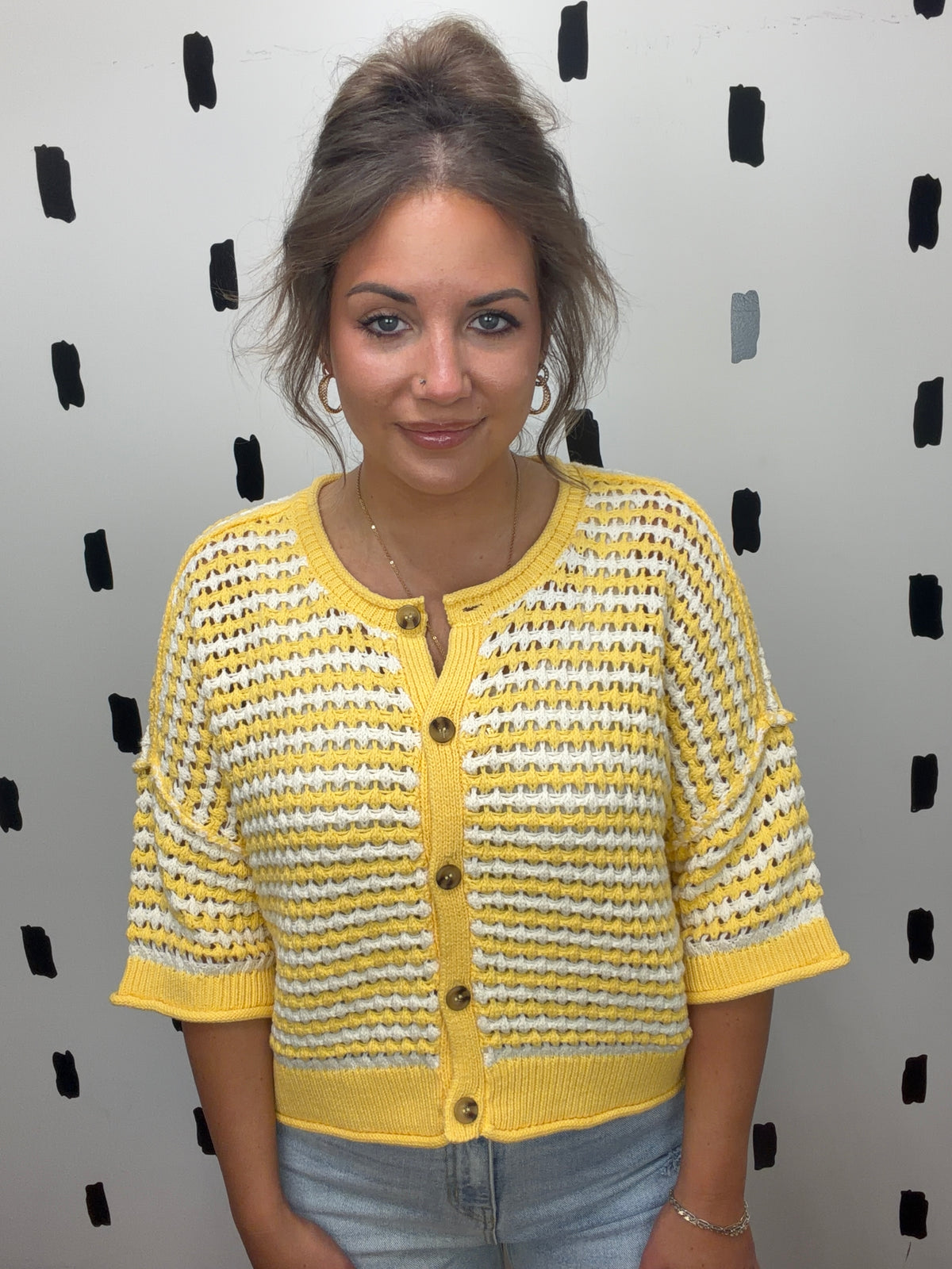 Butter Yellow Stripe Short Sleeve Crochet Knit Cardigan