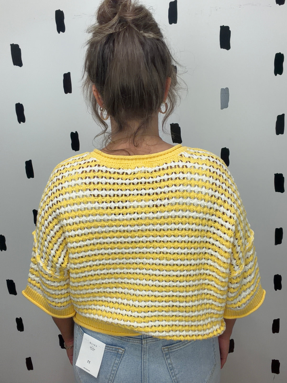 Butter Yellow Stripe Short Sleeve Crochet Knit Cardigan
