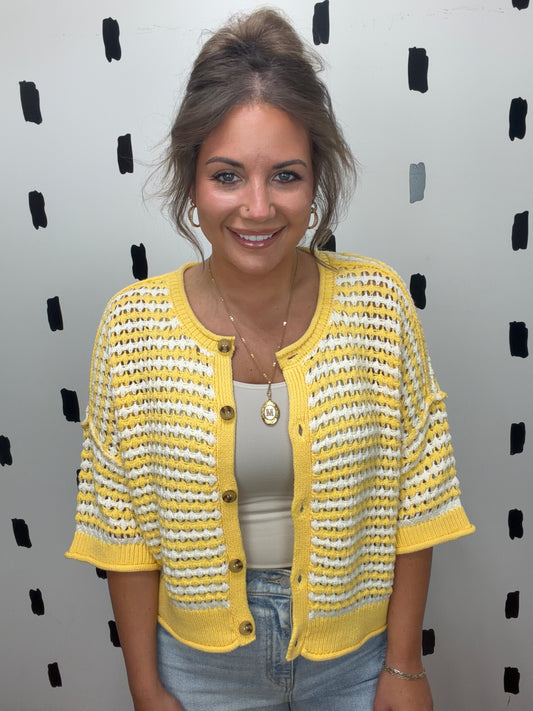 Butter Yellow Stripe Short Sleeve Crochet Knit Cardigan