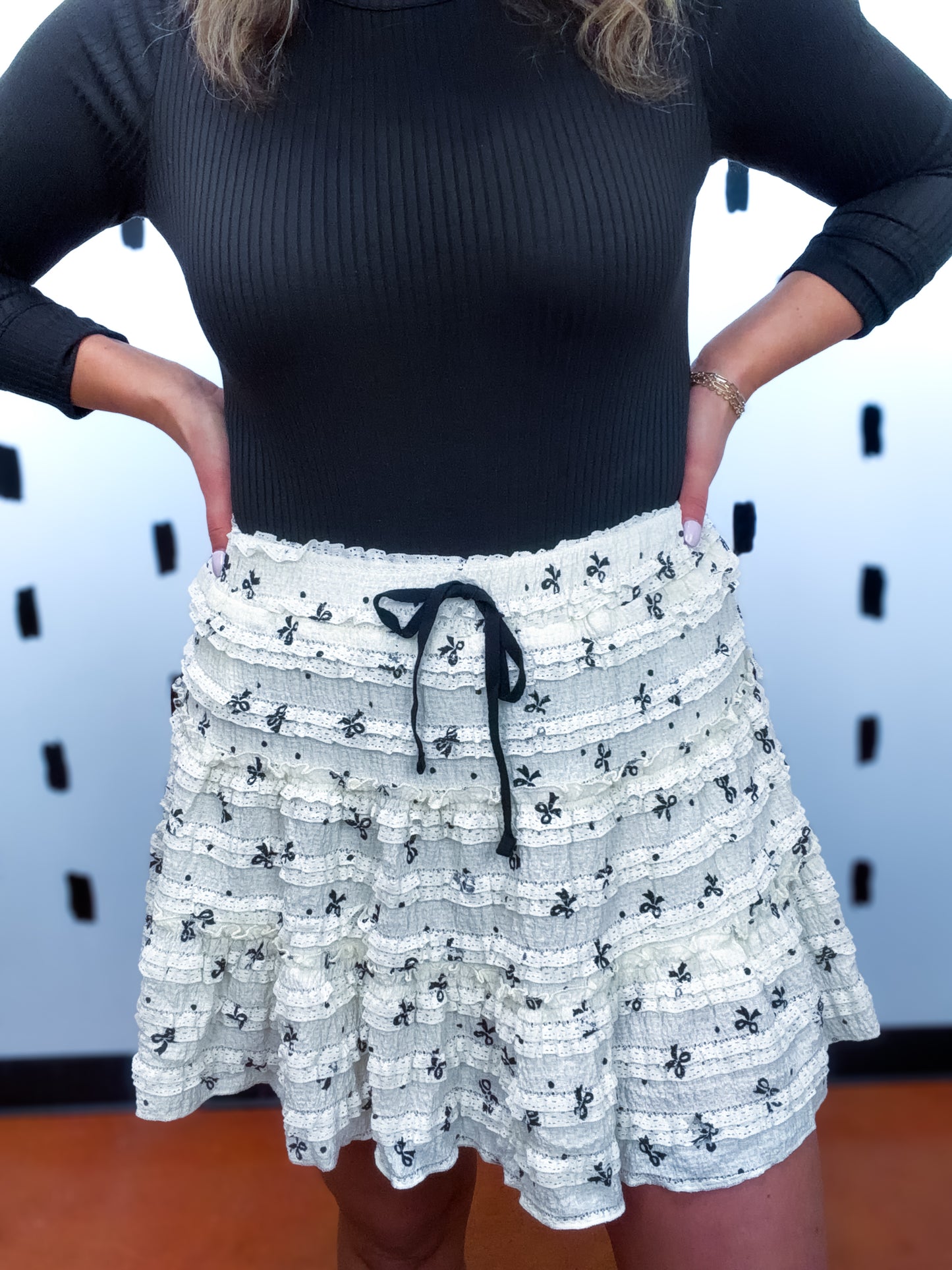 Frill Bow Printed Drawstring Waist Skirt