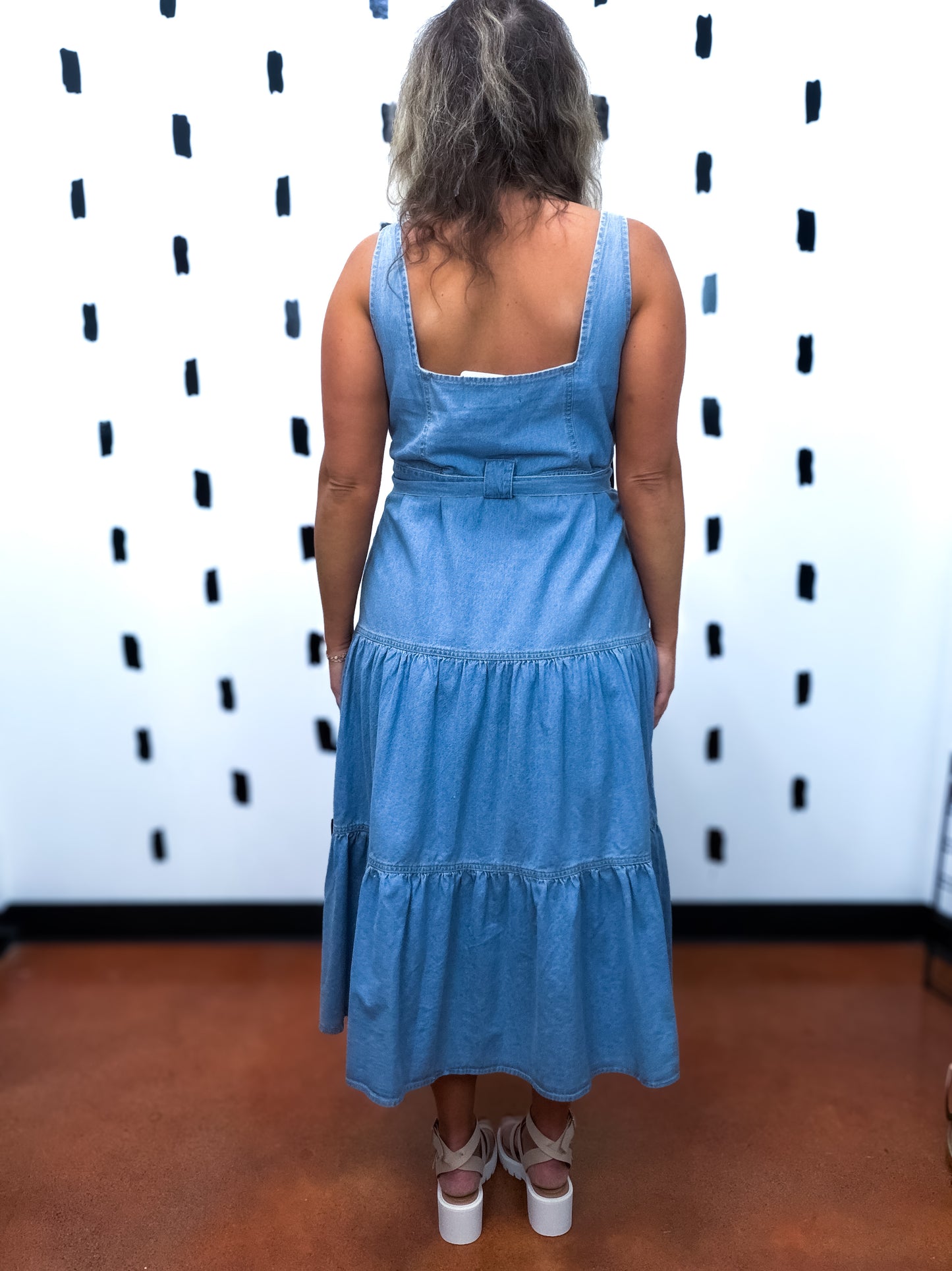 Washed Light Denim Tiered Tie Dress