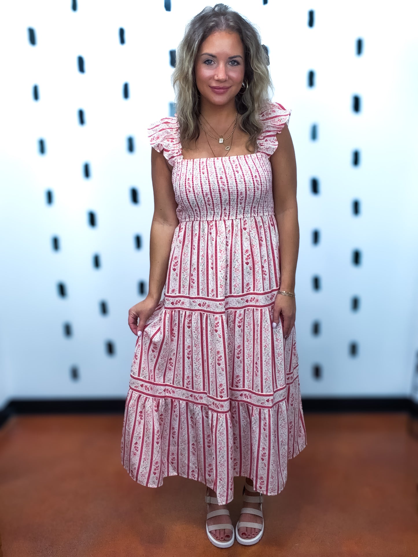 Red Multi Floral Tiered Midi Dress