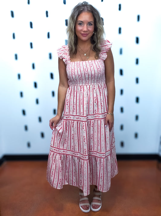 Red Multi Floral Tiered Midi Dress