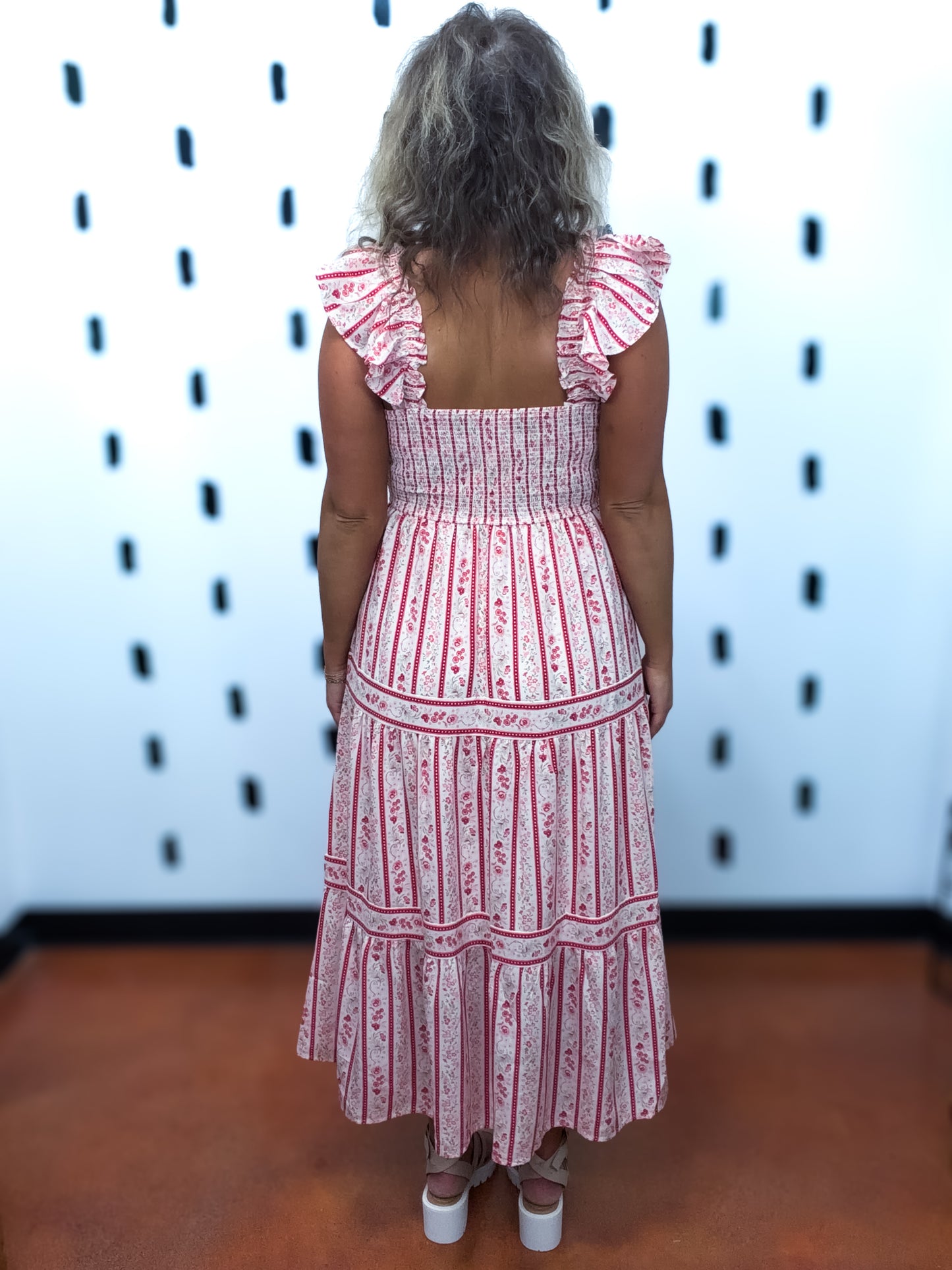 Red Multi Floral Tiered Midi Dress