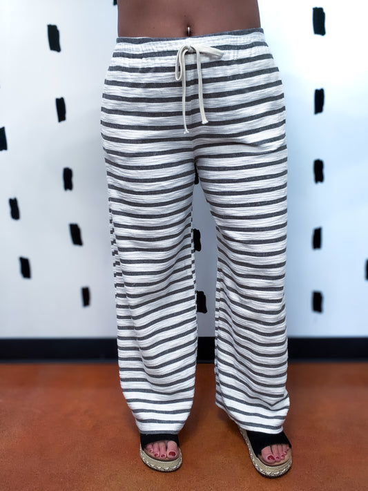 Light Stripe Grey Drawstring Wide Leg Knit Pant