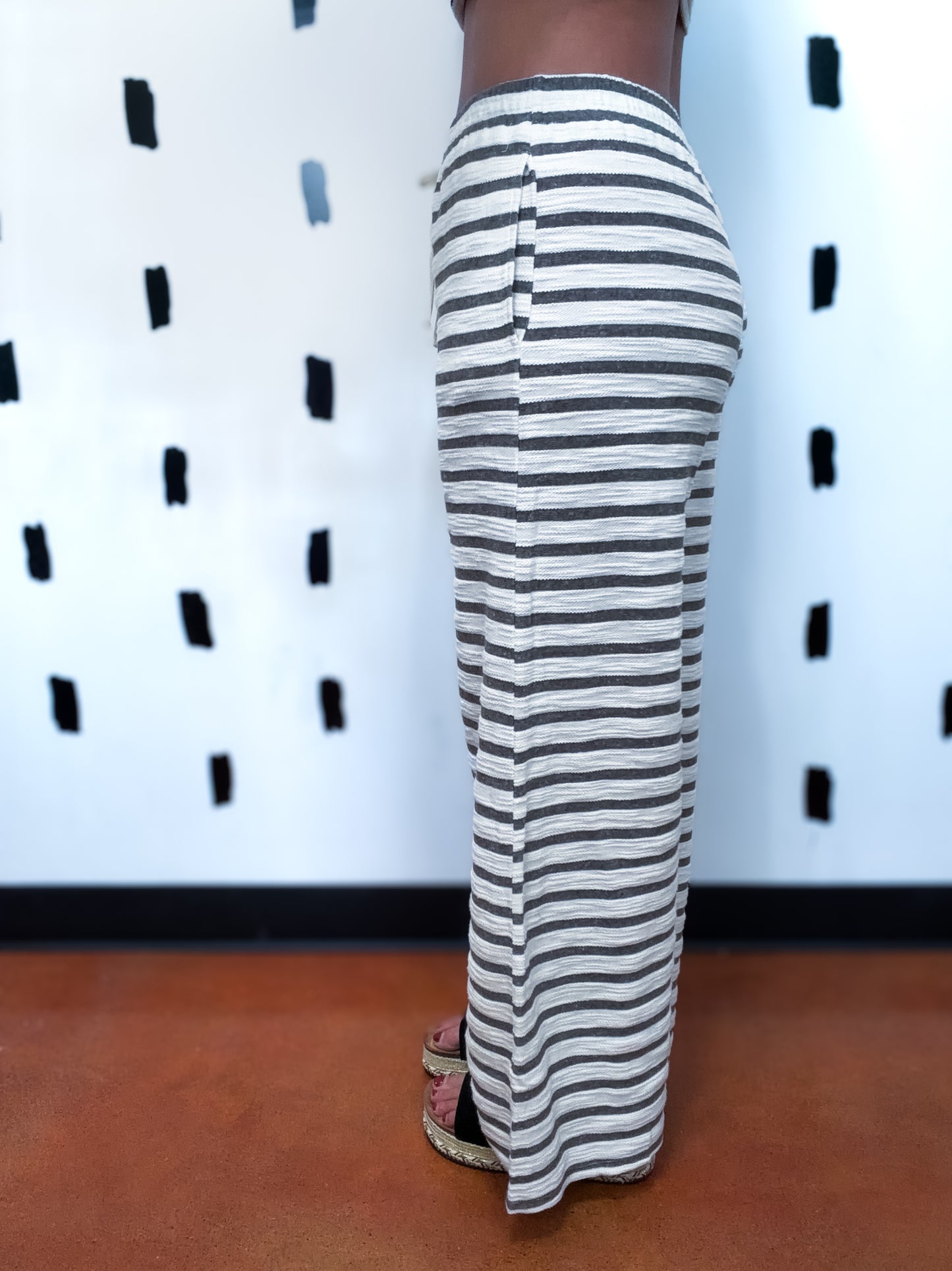 Light Stripe Grey Drawstring Wide Leg Knit Pant