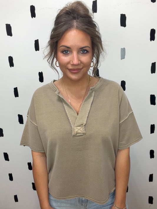 Mocha Washed Split Neck Short Sleeve Top