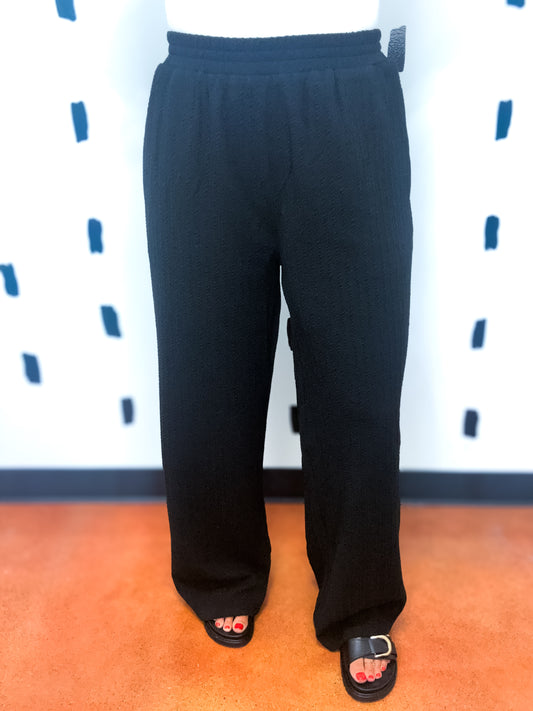 Black Texture Knit Elastic Waist Wide Leg Pants