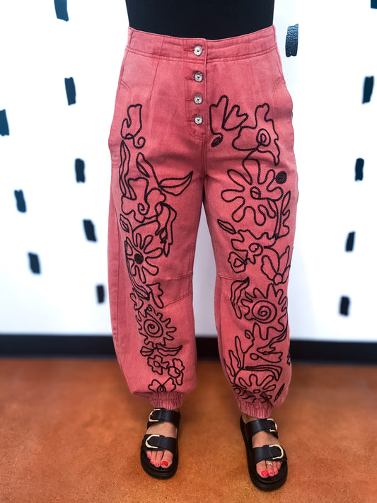 Dried Apple Floral Embroidered Pattern Pants