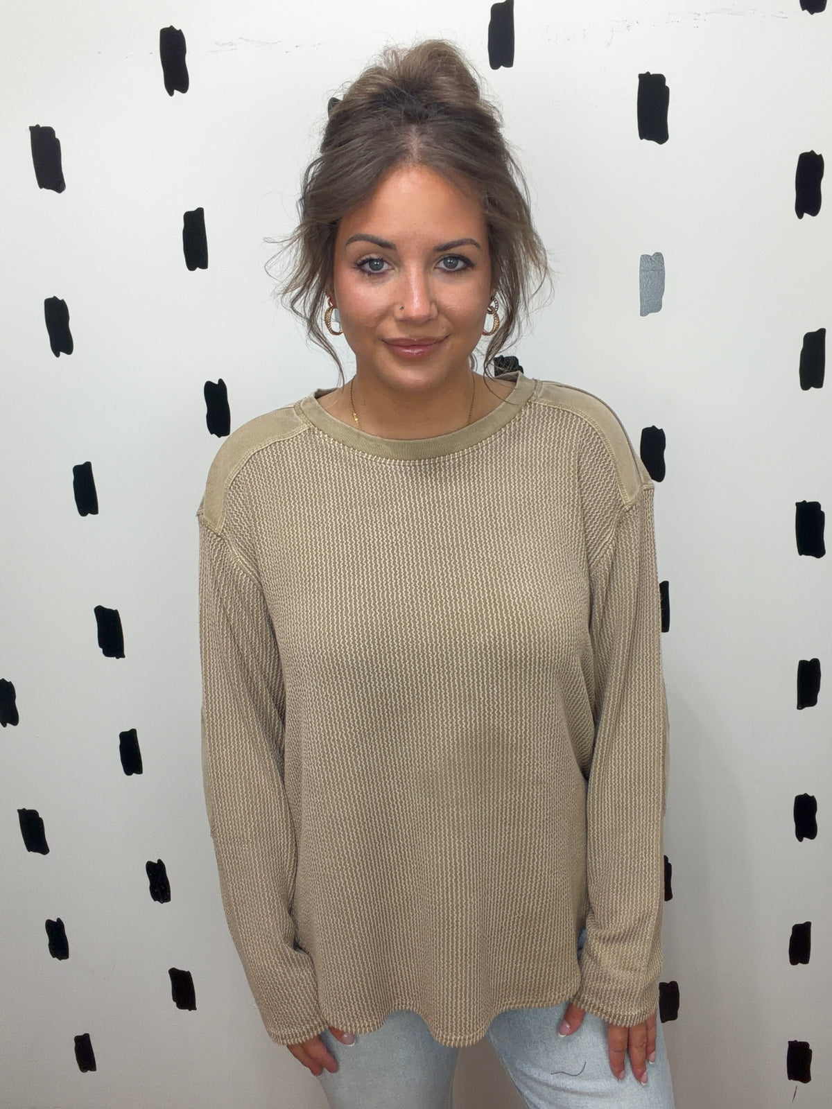 Brown Washed Long Sleeve Knit Top