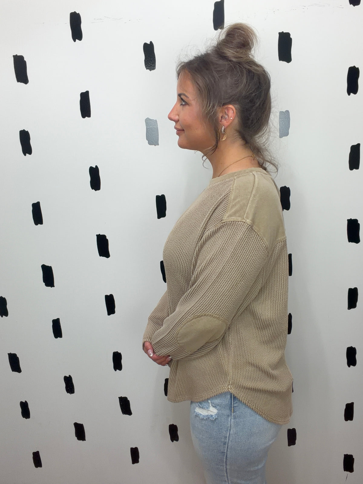 Brown Washed Long Sleeve Knit Top