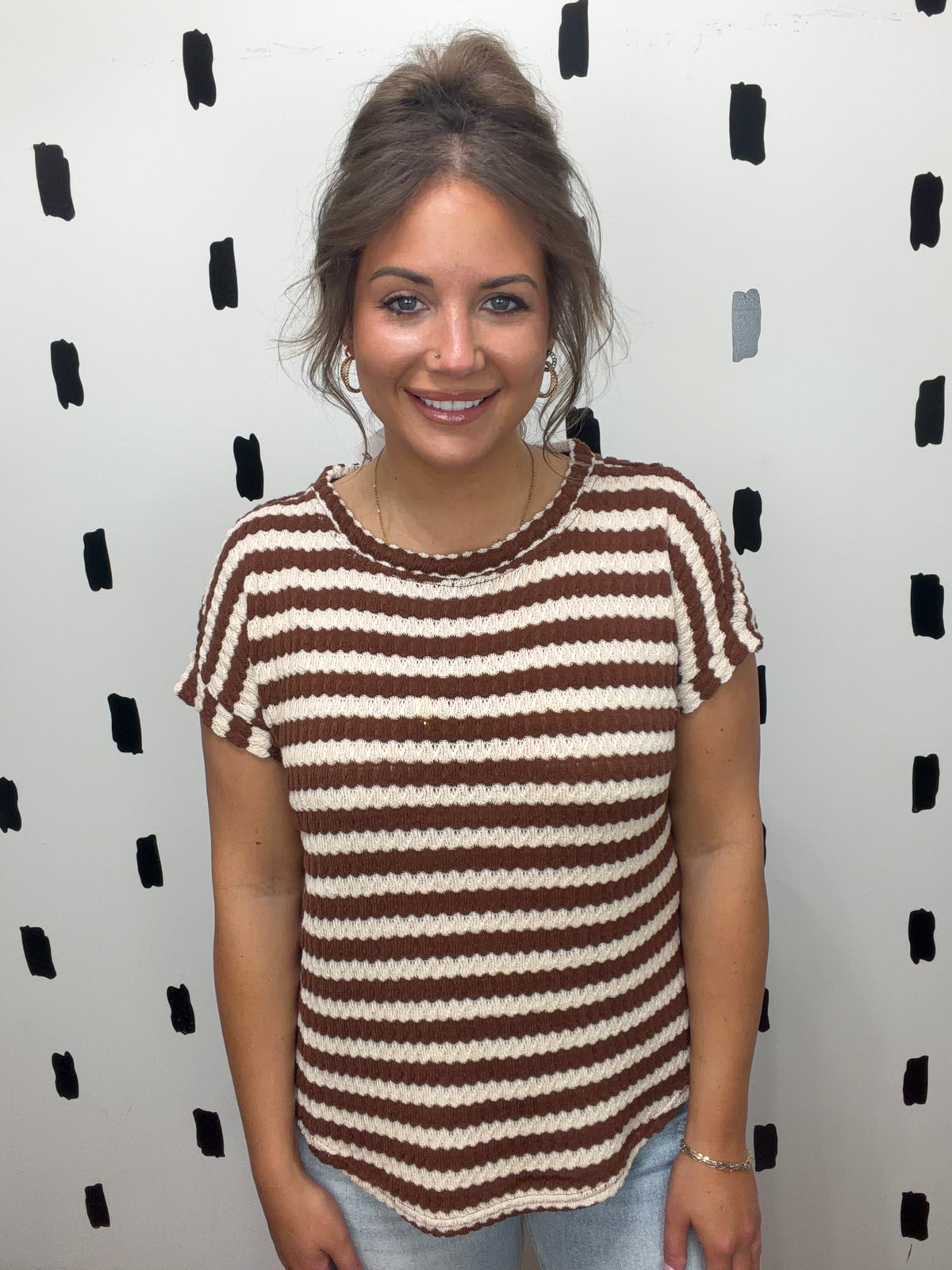 Brown Stripe Dolman Sleeve Knit Top