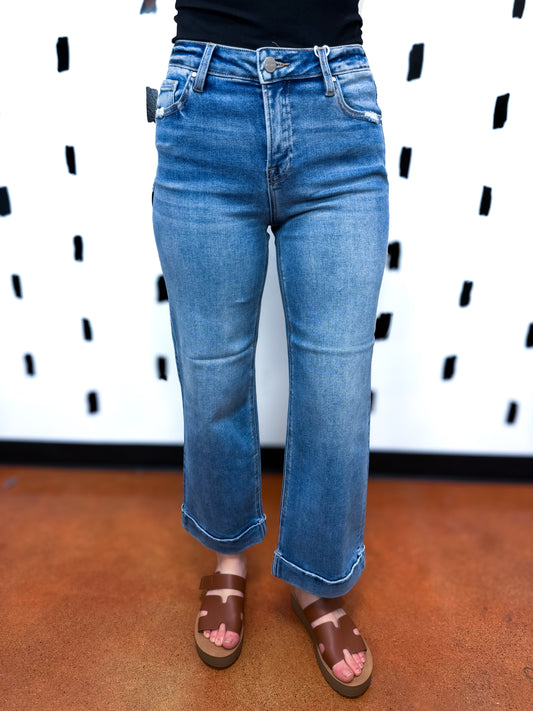 Med Wash Mid Rise Crop Straight Cuffed Jeans