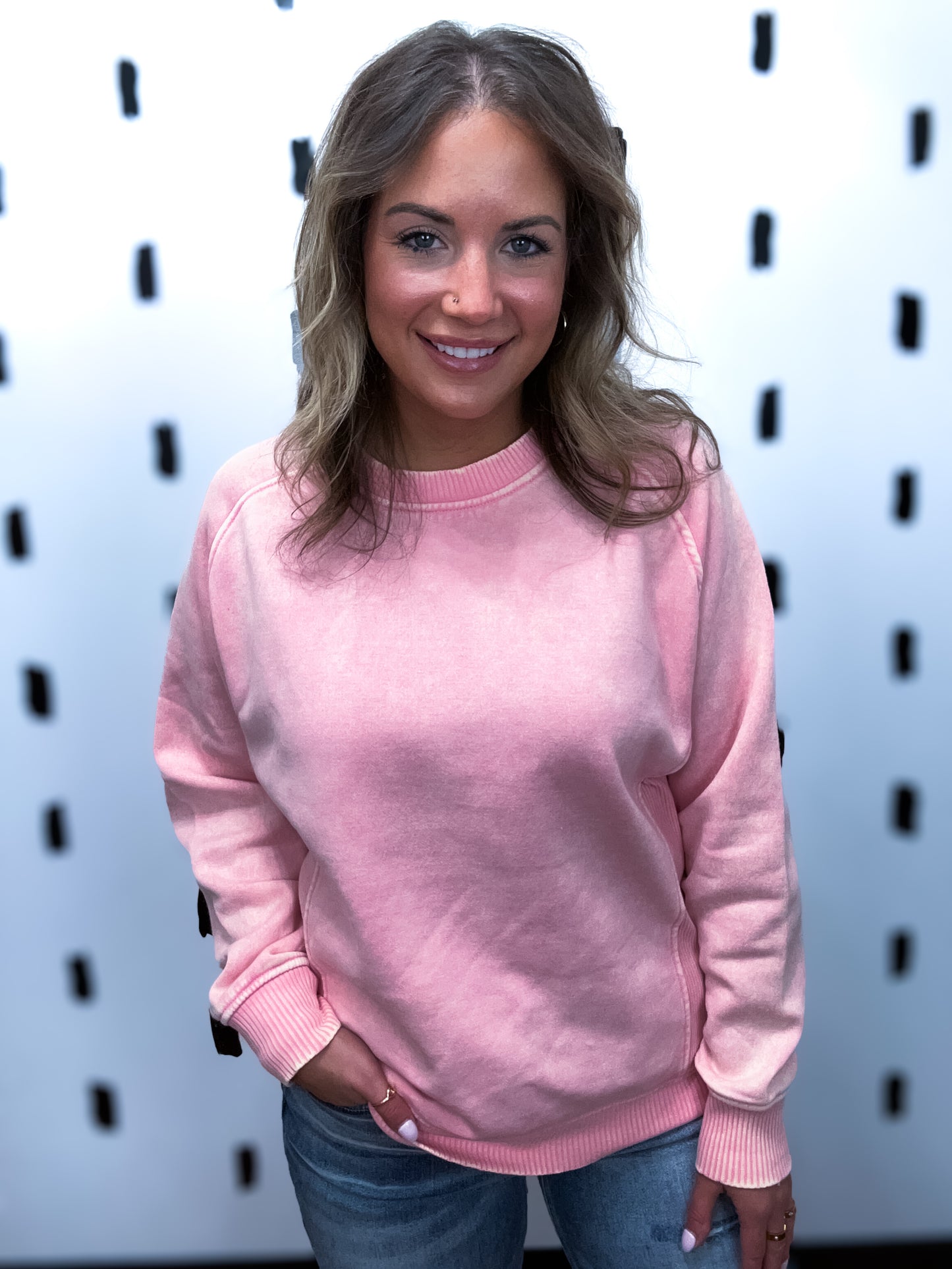 Dk Pink Acid Wash Fleece Sweatshirt