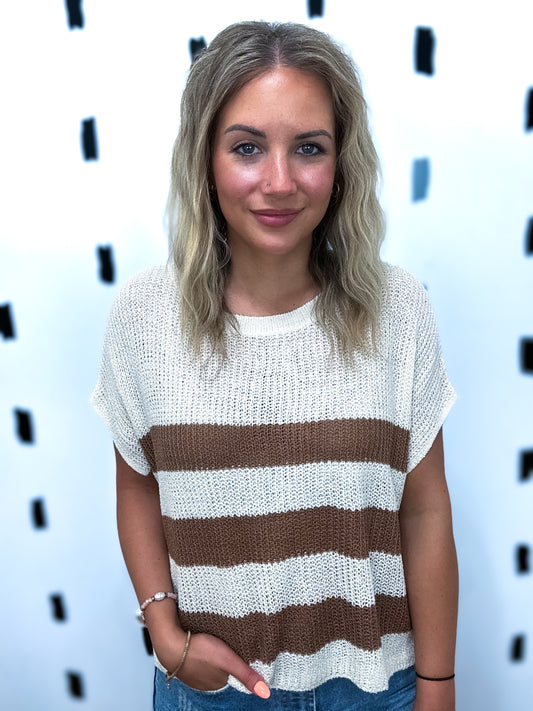Mocha Striped Short Sleeve Knit Top