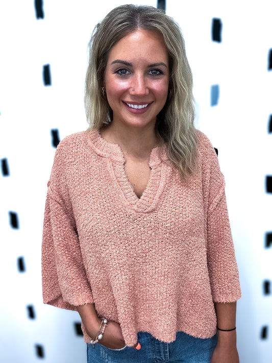 Rosewood Fuzzy Texture 3/4 Sleeve Top