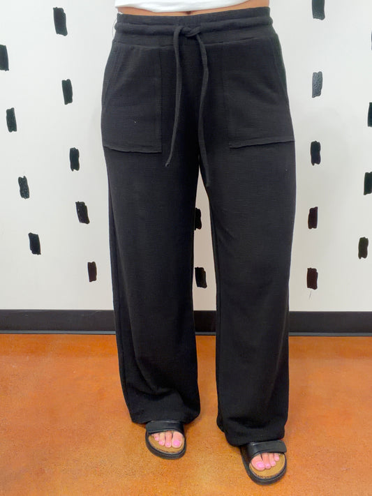 Black Cotton Slub Wide Leg Pants