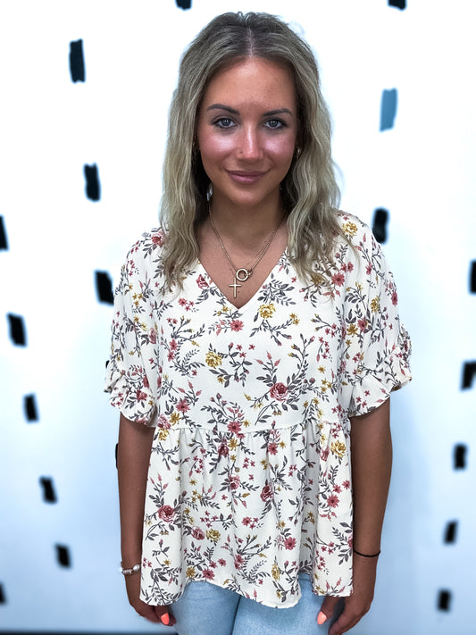 Cream Floral Print Ruffle Sleeve Blouse