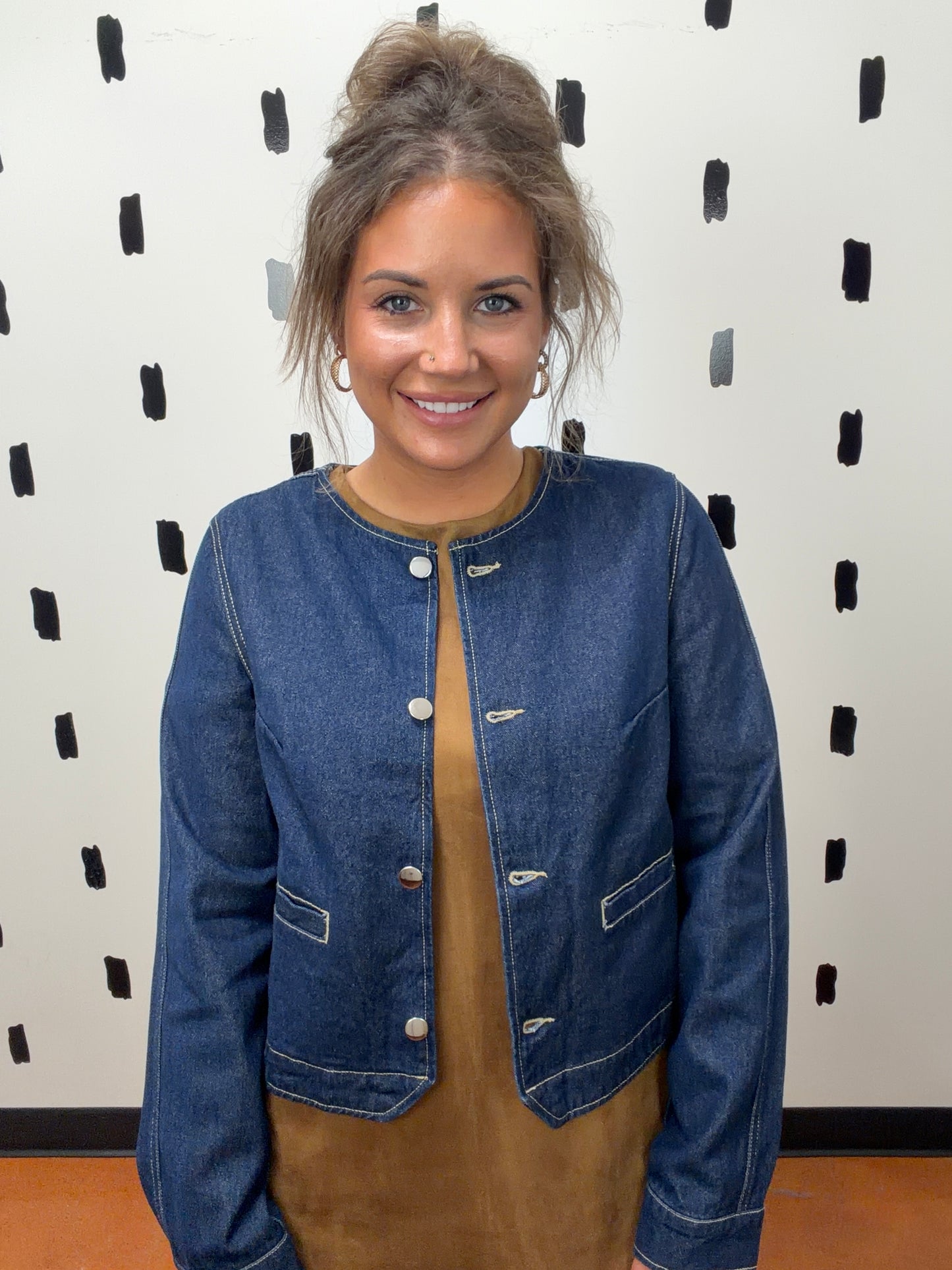 Dark Round Neck Denim Jacket