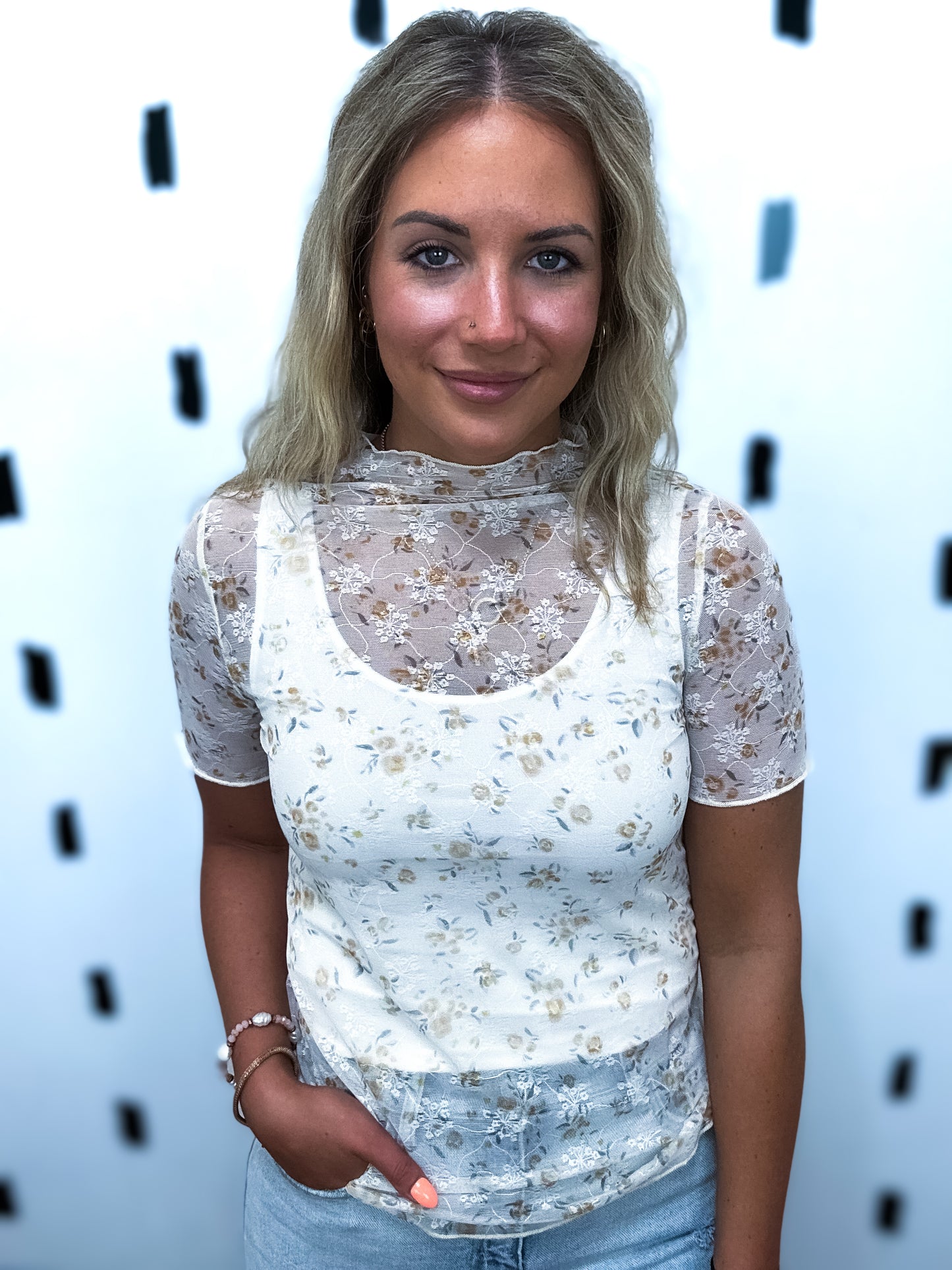 Apricot Floral Mesh Lace Sheer Top