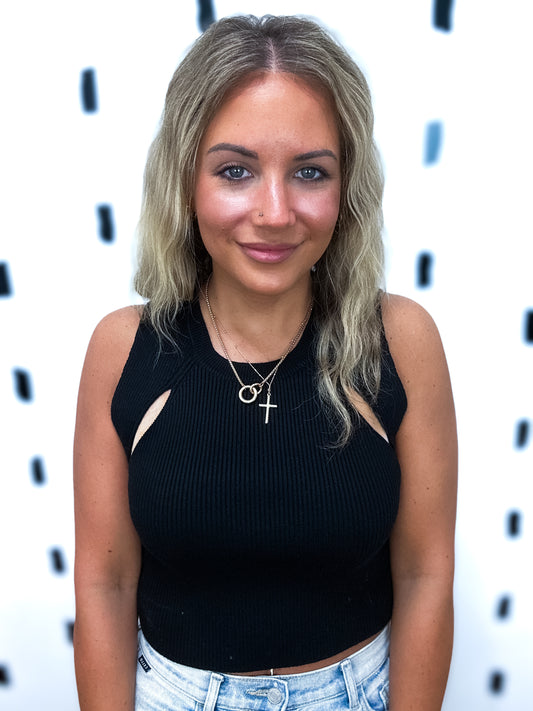 Black Slit Detail Knit Sleeveless Top