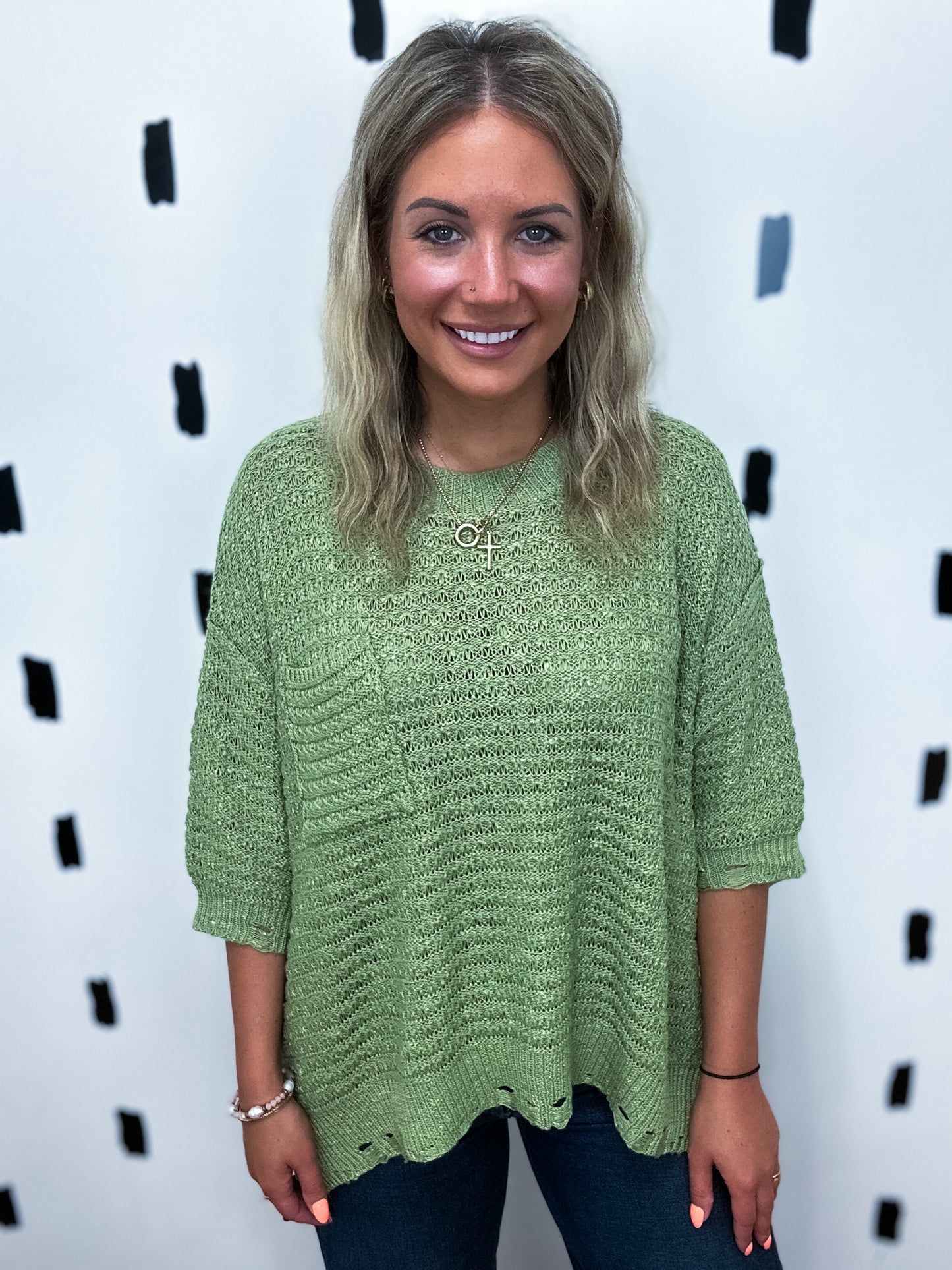Matcha Distressed Short Sleeve Loose Sweater
